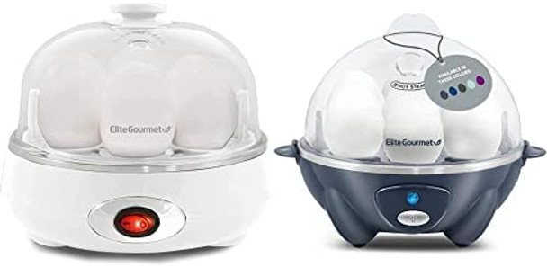 Elite Gourmet EGC700CW# Rapid Egg Cooker Hard Medium Poacher Auto Shut-Off Alarm 16-Recipe Booklet Snow + Elite Gourmet EGC700BG# Rapid Egg Cooker Omelet Maker Auto Shut-Off Alarm Cobalt