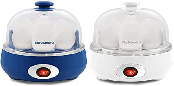 Bundle of Elite Gourmet EGC322CBL Rapid Egg Cooker Hard Medium Auto Shut-Off Alarm 16-Recipe Book Blue + Elite Gourmet EGC322CW Rapid Egg Cooker Soft Boiled Eggs Auto Shut-Off Classic White