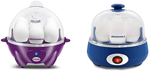Bundle of Elite Gourmet EGC700P# Rapid Egg Cooker Eggplant + Elite Gourmet EGC322CBL Easy Egg Cooker Electric 7-Egg Capacity Classic Blue Soft Medium Hard-Boiled Egg Cooker with Auto Shut-Off