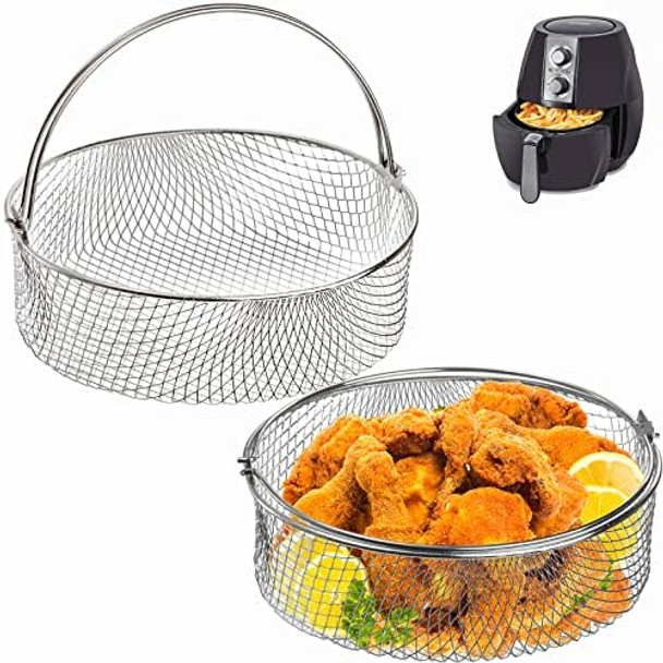 Elsjoy 2 Pack Air Fryer Baskets 8 Inch Air Fryer Replacement Accessory Mesh Basket with Handle 18/8 Stainless Steel Steamer Basket for Instant Pot Oven Steamer