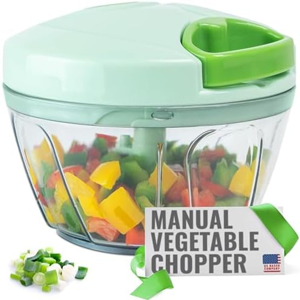 Eparé Manual Food Processor - Pull String Hand Chopper for Kitchen - Handheld Vegetable & Salad Cutter - Portable Garlic Mincer & Onion Dicer - Compact BPA- Stainless Steel Veggie Slicer - 18 oz