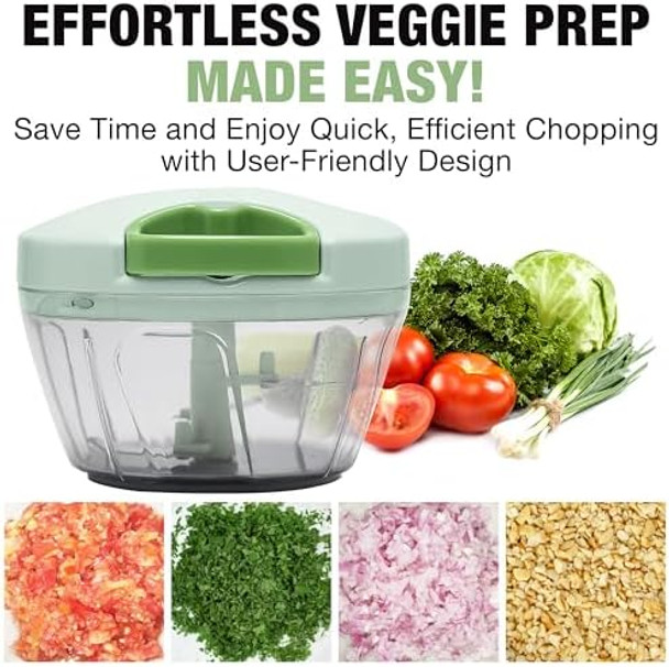 Eparé Manual Food Processor - Pull String Hand Chopper for Kitchen - Handheld Vegetable & Salad Cutter - Portable Garlic Mincer & Onion Dicer - Compact BPA- Stainless Steel Veggie Slicer - 18 oz