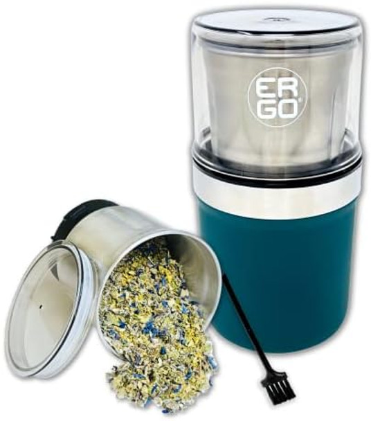 ERGO Herb Grinder - Electric. Large Capacity with Removable (washable) Stainless Cup and Airtight Lid. For Herbs and Spices. Pollen Brush included