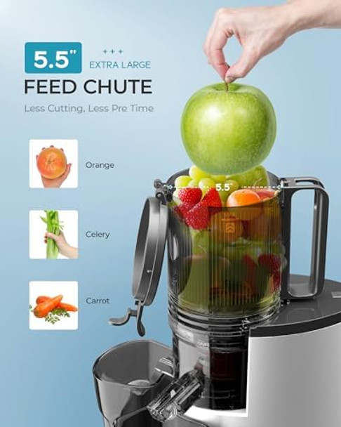 Cold Press Juicer EUHOMY 5.5" Extra Large Feed Chute Slow Masticating Juicer 250W Juicer Machines 99.6% High Juice Yield Easy to clean Reverse Function for Whole Vegetables & Fruits. Sliver