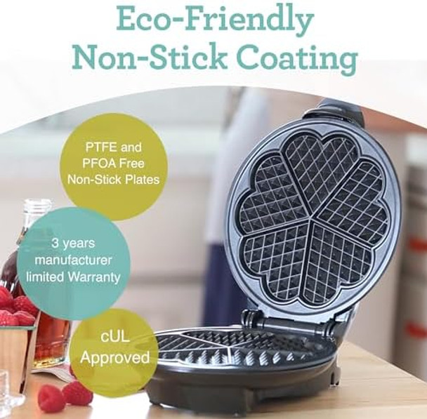 Euro Cuisine WM520 Heart Shaped Iron Waffle Maker - Eco-Friendly PTFE and PFOA Non Stick Plates Perfect for V-Day & Special Occasions 8-Inch