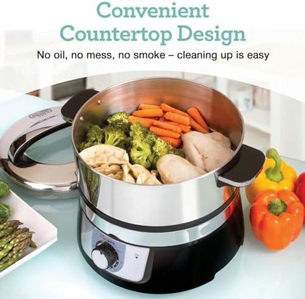 Euro Cuisine FS3200 Electric Food Steamer Versatile Vegetable Steamer & Steam Cooker for Healthy Cooking Ideal for Fish Veggie Meat Easy Cleaning Stainless Steel Design 1200 Watts