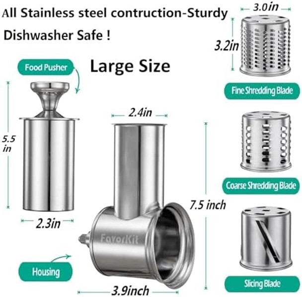 Slicer Shredder Attachment for KitchenAid Mixers Stainless Steel Cheese Grater Salad Maker Accessories with 3 Cutting Blades Dishwasher Safe