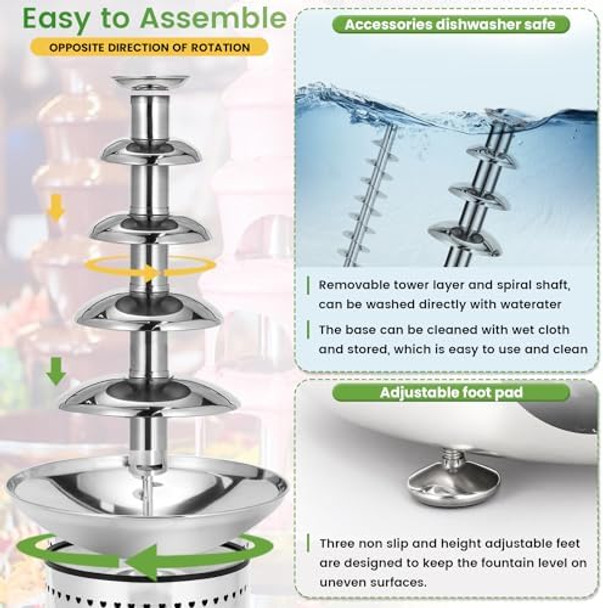Commercial Chocolate Fountain 5 Tiers 13.2 Lbs Nacho Cheese Fountain Stainless Steel Hot Fondue Fountain Machine for Bakery Party Gathering Wedding Rental Knob Control