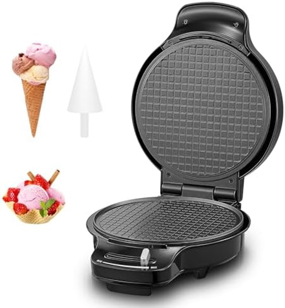 FOHERE Waffle Cone Maker Machine and Ice Cream Bowl Maker with Browning Control Double Side Nonstick Waffle Bowl Maker with Cone Roller 7.5” Thin Waffle Maker for Home Kitchen