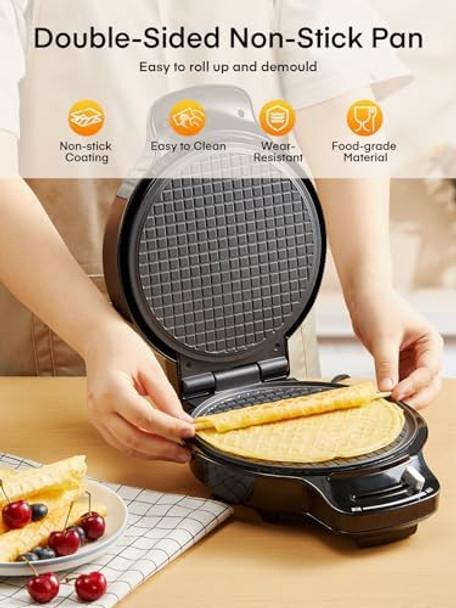 FOHERE Waffle Cone Maker Machine and Ice Cream Bowl Maker with Browning Control Double Side Nonstick Waffle Bowl Maker with Cone Roller 7.5” Thin Waffle Maker for Home Kitchen