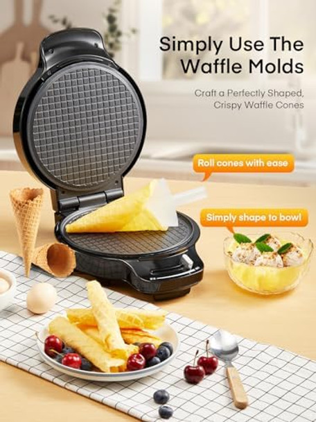 FOHERE Waffle Cone Maker Machine and Ice Cream Bowl Maker with Browning Control Double Side Nonstick Waffle Bowl Maker with Cone Roller 7.5” Thin Waffle Maker for Home Kitchen