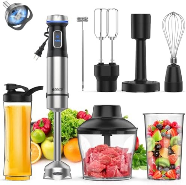 Ganiza Immersion Blender 5 in 1 Hand Blender Max 1000W Heavy Duty Motor 16 Speed Mode Handheld Blender Stainless Steel Blade With 800ml Mixing Beaker 600ml Chopper Whisk and Milk Frother