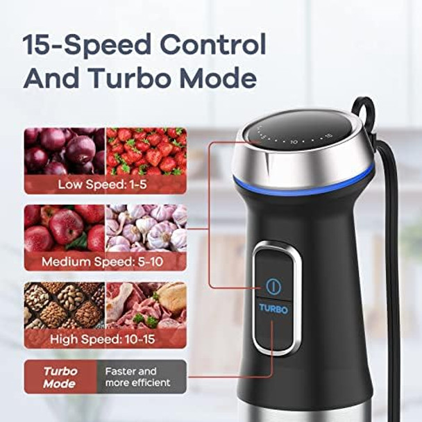 Ganiza Immersion Blender 5 in 1 Hand Blender Max 1000W Heavy Duty Motor 16 Speed Mode Handheld Blender Stainless Steel Blade With 800ml Mixing Beaker 600ml Chopper Whisk and Milk Frother