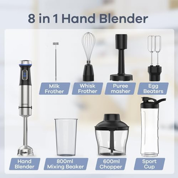 Ganiza Immersion Blender 5 in 1 Hand Blender Max 1000W Heavy Duty Motor 16 Speed Mode Handheld Blender Stainless Steel Blade With 800ml Mixing Beaker 600ml Chopper Whisk and Milk Frother