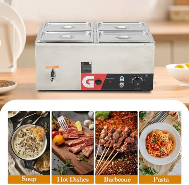 GarveeHome 4-Pan Commercial Food Warmer - 4 4.7QT Generous Capacity 1200W Electric Steam Table Stainless Steel Efficient Heating 86-185°F Temp Control for Catering and Restaurants