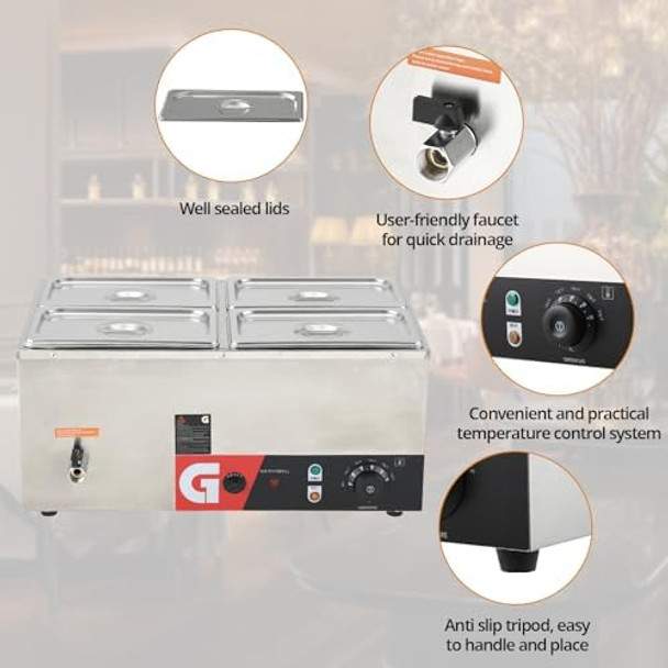GarveeHome 4-Pan Commercial Food Warmer - 4 4.7QT Generous Capacity 1200W Electric Steam Table Stainless Steel Efficient Heating 86-185°F Temp Control for Catering and Restaurants