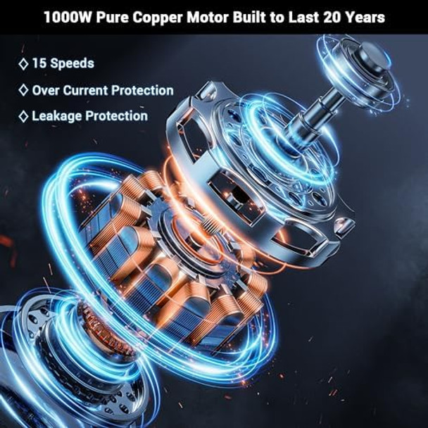 Immersion Blender RPM 16000±10% Scratch Resistant Hand Blender 15 Speed and Turbo Mode Hand Mixer 3-in-1 Heavy Duty Copper Motor Stainless Steel Smart Stick with Egg Beaters and Chopper