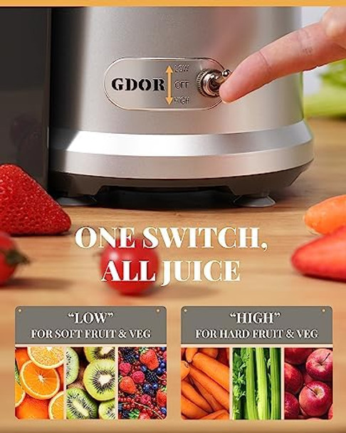 GDOR 1200W Juicer 3.2" Wide Chute Titanium-Enhanced Blade Heavy-Duty Copper Motor Dual Speed Centrifugal Juice Extractor BPA- Silver