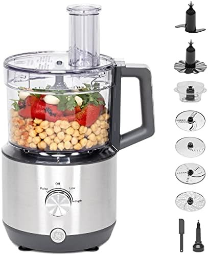 GE Food Processor 12 Cup Complete With 3 Feeding Tubes & Stainless Steel Accessories - 3 Discs + Dough Blade 3 Speed Great for Shredded Cheese Chicken & More Kitchen Essentials 550 Watts