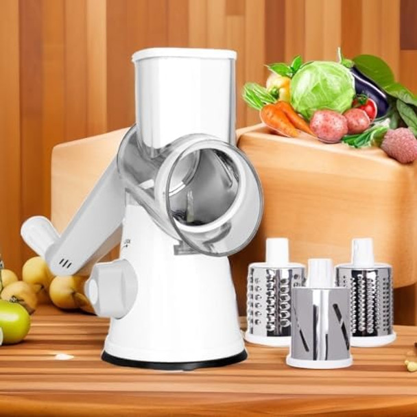 Rotary Cheese Grater Hand Crank Grater For Kitchen With Reinforced Suction - Rotary Cheese Grater With 3 Replaceable Stainless Steel Blades - Easy to Use & Clean - Vegetable Cutter (White)