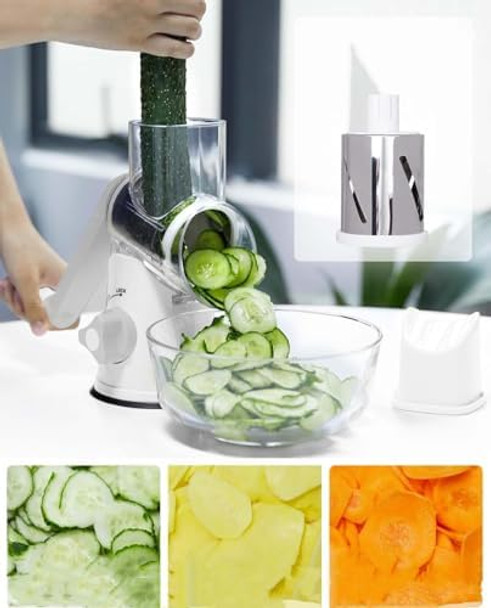 Rotary Cheese Grater Hand Crank Grater For Kitchen With Reinforced Suction - Rotary Cheese Grater With 3 Replaceable Stainless Steel Blades - Easy to Use & Clean - Vegetable Cutter (White)