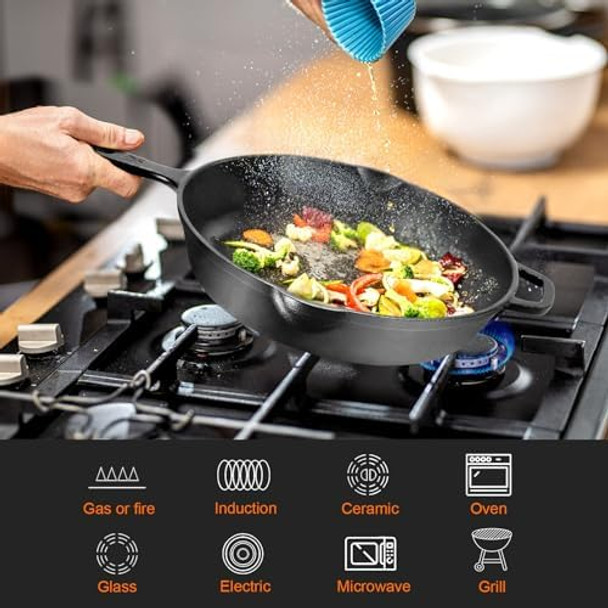 GGC Cast Iron Skillet Frying 12 Inch Ftying Pan with Handle for Stove Tops Camping Skillet for Indoor and Outdoor Cooking Safe Cookware for Oven Stove Grill Smoker Induction or Campfire