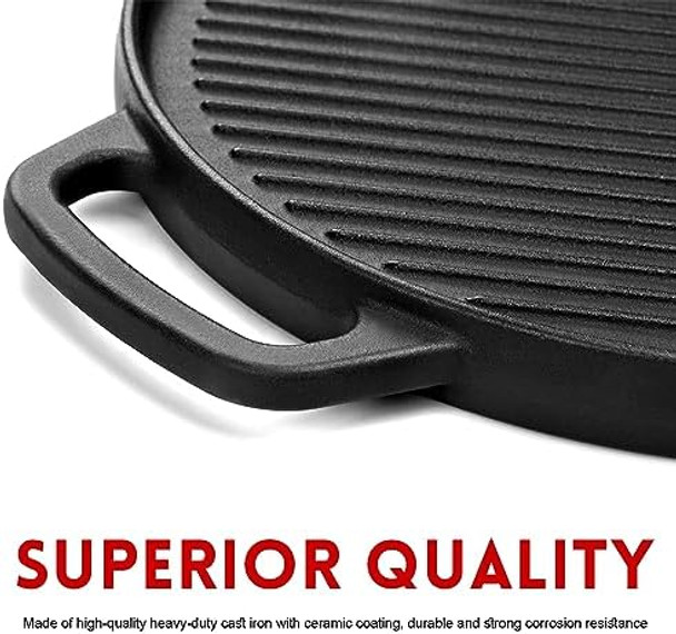 GGC Cast Iron Reversible Griddle 12 inch Griddle Pan for Stove Tops Gas Grills and Outdoor Cooking Double-sided Griddle Plate with Baking Flat and Ribbed