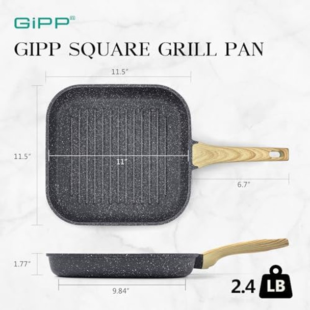 GiPP Nonstick Grill Pan for Stove Tops - 11 Inch Square Grilling Pan for Indoor Cooking & Outdoor Grilling Non Stick Granite Grill Skillet Steak Pan PFOA (Grey)