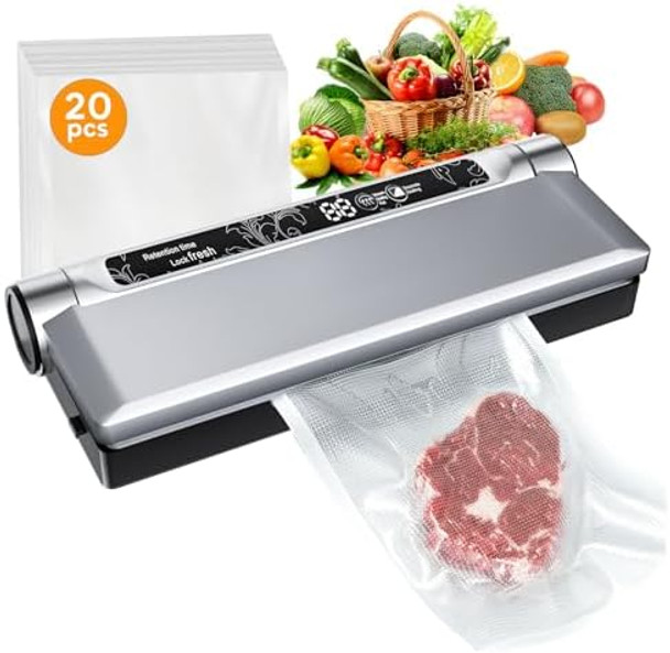 Food Storage Vacuum Sealer Machine 75KPA Strong Suction Dry/Wet Modes 20 Vacuum Seal Bags for Food Digital Countdown Timer Compact Lightweight Ideal for Home Kitchen Use (Sliver)