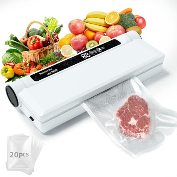 Food Storage Vacuum Sealer Machine 75KPA Strong Suction Dry/Wet Modes 20 Vacuum Seal Bags for Food Digital Countdown Timer Compact Lightweight Ideal for Home Kitchen Use