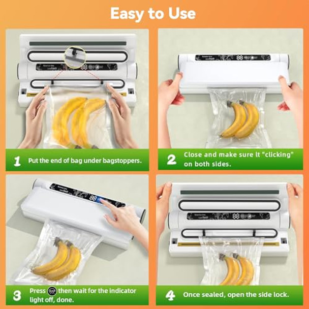 Food Storage Vacuum Sealer Machine 75KPA Strong Suction Dry/Wet Modes 20 Vacuum Seal Bags for Food Digital Countdown Timer Compact Lightweight Ideal for Home Kitchen Use