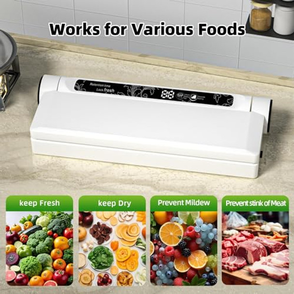 Food Storage Vacuum Sealer Machine 75KPA Strong Suction Dry/Wet Modes 20 Vacuum Seal Bags for Food Digital Countdown Timer Compact Lightweight Ideal for Home Kitchen Use