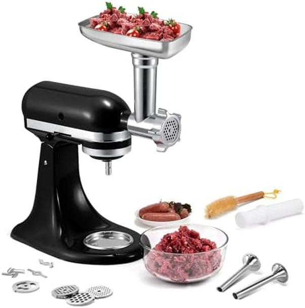 Metal Grinder Attachment for KitchenAid Stand Mixers Meat Grinder Attachment Sausage Stuffer Food Grinder Attachment Mixer Attachments for KitchenAid Silver(Mixer Not Included)