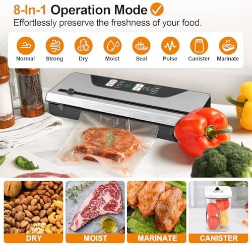 Vacuum Sealer for Food Electric Mason Jar Vacuum Sealer Machine Digital Display 8 In 1 Simplified Presets With Built in Cutter 3 Food Storage Container and Full Starter Kit