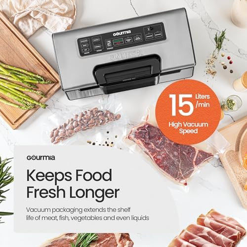 Food Vacuum Sealer Machine High Vacuum Speed at 15 L/minute Compact & Portable Vacuum Sealer for Food Built-in Cutter & Roll Bag Storage Food Bag Sealer with Stainless Steel Cover Gourmia