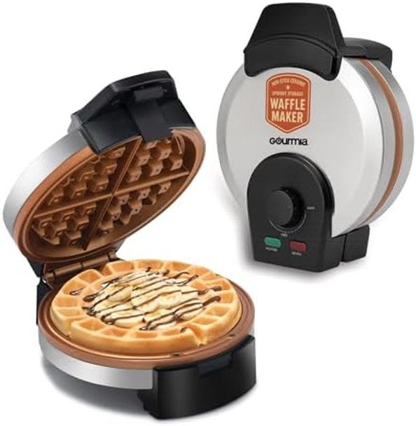 Gourmia Belgian Waffle Maker – Nonstick Waffle Ceramic Coating Plates with Browning Control &Indicator Lights to Make Thick Fluffy Waffles from Light to Dark - Compact Quick Heat Up Upright Storage