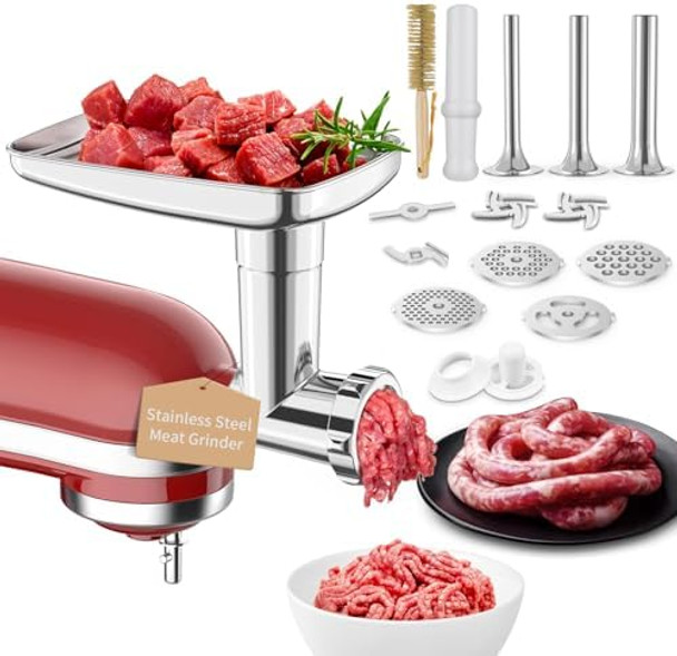 Metal Food Grinder Attachments for KitchenAid Stand Mixers Meat Grinder Sausage Stuffer Perfect Mixer Attachment for KitchenAid Mixers 15pcs Meat Grinder Accessories Set Silver
