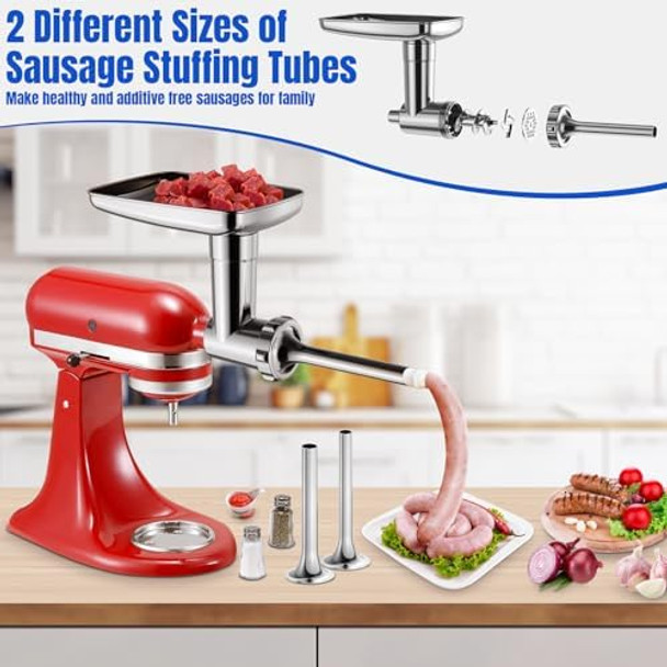 Metal Food Grinder Attachments for KitchenAid Stand Mixers Meat Grinder Sausage Stuffer Perfect Mixer Attachment for KitchenAid Mixers 15pcs Meat Grinder Accessories Set Silver