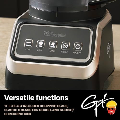 Guy Fieri's Flavortown Food Processor 4-Speed Control with Easyfeed Chute 750W Motor 8-Cup Bowl Vegetable Chopper Mixer Smoothie Maker Dough Kneader Baby Food & Meal Prep Black