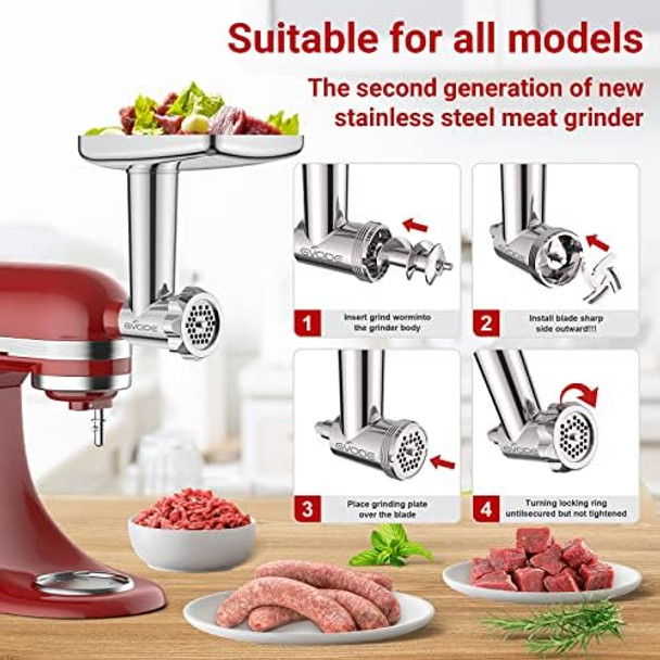 Stainless Steel Meat Grinder Attachment for KitchenAid Stand Mixer Food Grinder attachment with 4 Grinding Plates 3 Sausage Stuffer Tubes 2 Grinding Blades Mixers Accessories for Kitchen Aid