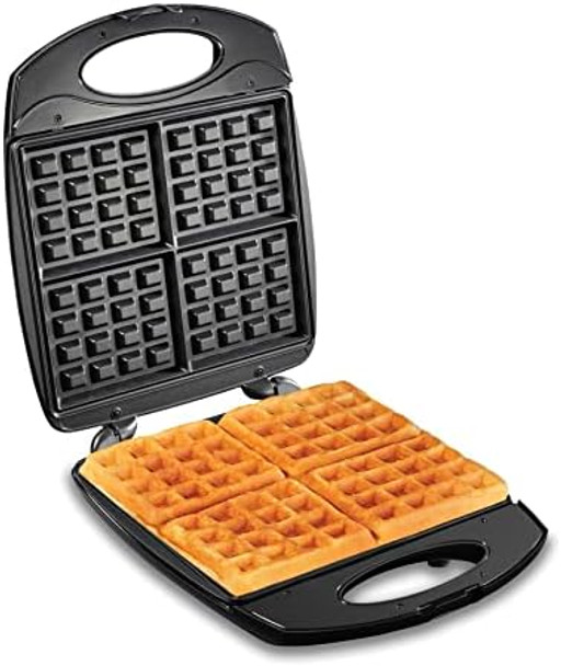 Hamilton Beach Non-Stick Belgian Waffle Maker with Indicator Lights Makes 4 4" x 5" Mini Waffles Hashbrowns or Keto Chaffles at Once Compact Design for Easy Storage Black & Stainless Steel (26020)