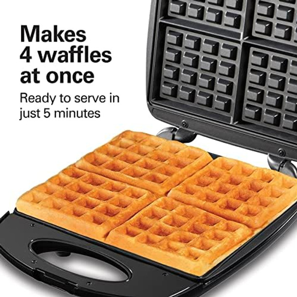 Hamilton Beach Non-Stick Belgian Waffle Maker with Indicator Lights Makes 4 4" x 5" Mini Waffles Hashbrowns or Keto Chaffles at Once Compact Design for Easy Storage Black & Stainless Steel (26020)
