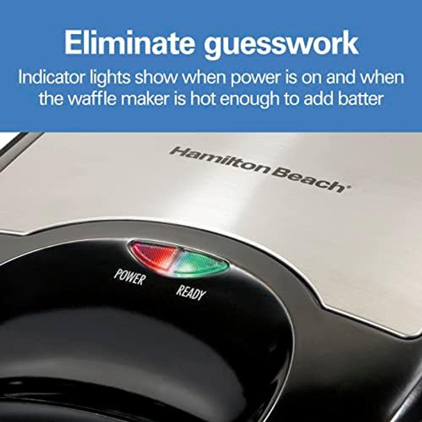 Hamilton Beach Non-Stick Belgian Waffle Maker with Indicator Lights Makes 4 4" x 5" Mini Waffles Hashbrowns or Keto Chaffles at Once Compact Design for Easy Storage Black & Stainless Steel (26020)