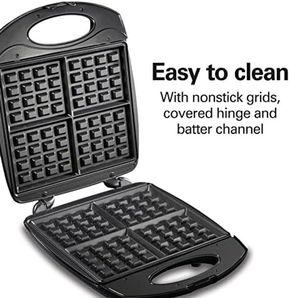 Hamilton Beach Non-Stick Belgian Waffle Maker with Indicator Lights Makes 4 4" x 5" Mini Waffles Hashbrowns or Keto Chaffles at Once Compact Design for Easy Storage Black & Stainless Steel (26020)