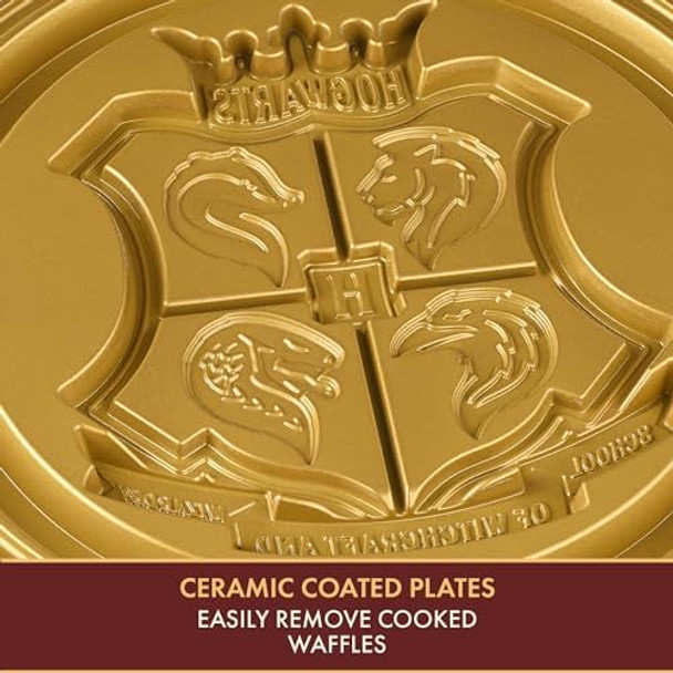Warner Brothers Harry Potter Round Waffle Maker by Select Brands - Ceramic Coated Cooking Plates - Imprints Hogwarts Crest on Waffles Black and Gold WBH-250WM