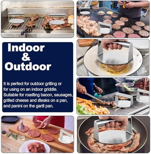 HaSteeL Burger Press 2Pcs Griddle Grill Smashers for Indoor & Outdoor 5.5” Round Stainless Steel Hamburger Weight for Perfectly Seared Bacon Steak Sandwiche Hash browns Non-Stick Dishwasher Safe