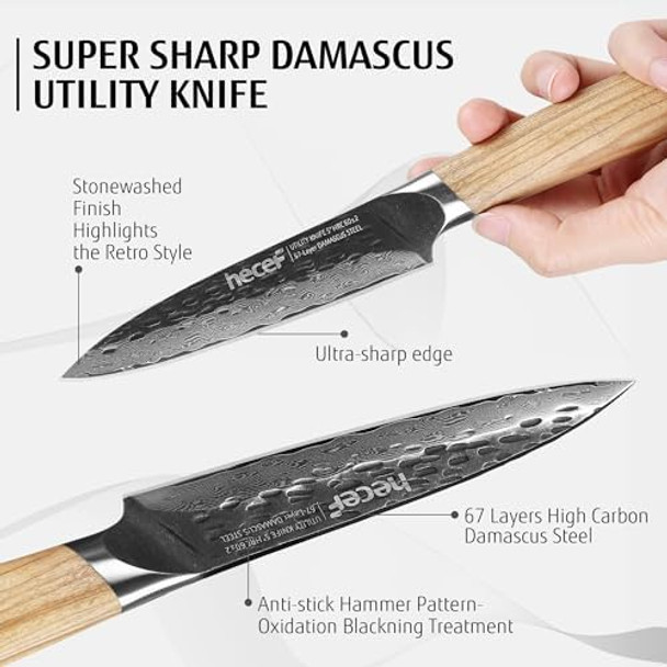 hecef 5 Inch Chef Knife Damascus Professional Japanese Knife High Carbon Damascus Stainless Steel Kitchen Knife with Ergonomic Olive Wood Handle Sharp Cooking Knife