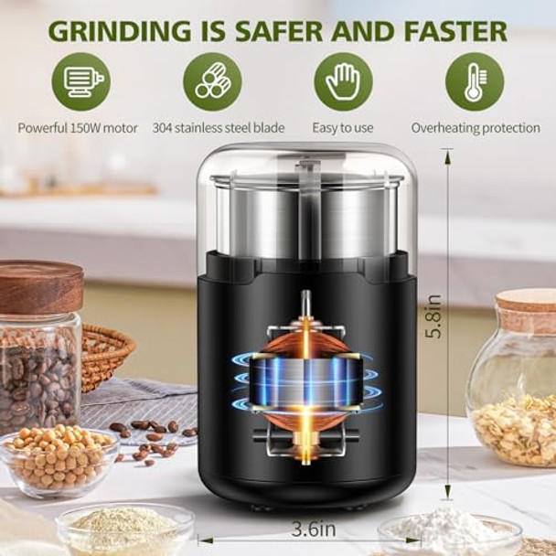 Herb Grinder Spice Grinder Coffee grinder 150 w Electric Herb Grinder with Stainless Steel Blade and Cleaning Brush Compact Size Electric Grinder for Herb Spices Coffee Nuts Seeds etc.