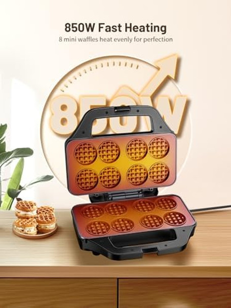 Mini Waffle Maker for Kids Bake 8 x 1.8 Inch Tiny Waffle Bites Compact Stainless Non-Stick Waffle Iron with Quick Heat-Up Easy to Use and Clean Perfect for Home or Parties Black