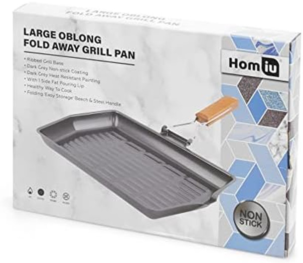 Homiu Griddle Pan Plate Carbon Steel with Non-Stick Ridge Surfaces Frying Pans with Folding Handle for Stoves and Grills (Large Rectangular Pan)
